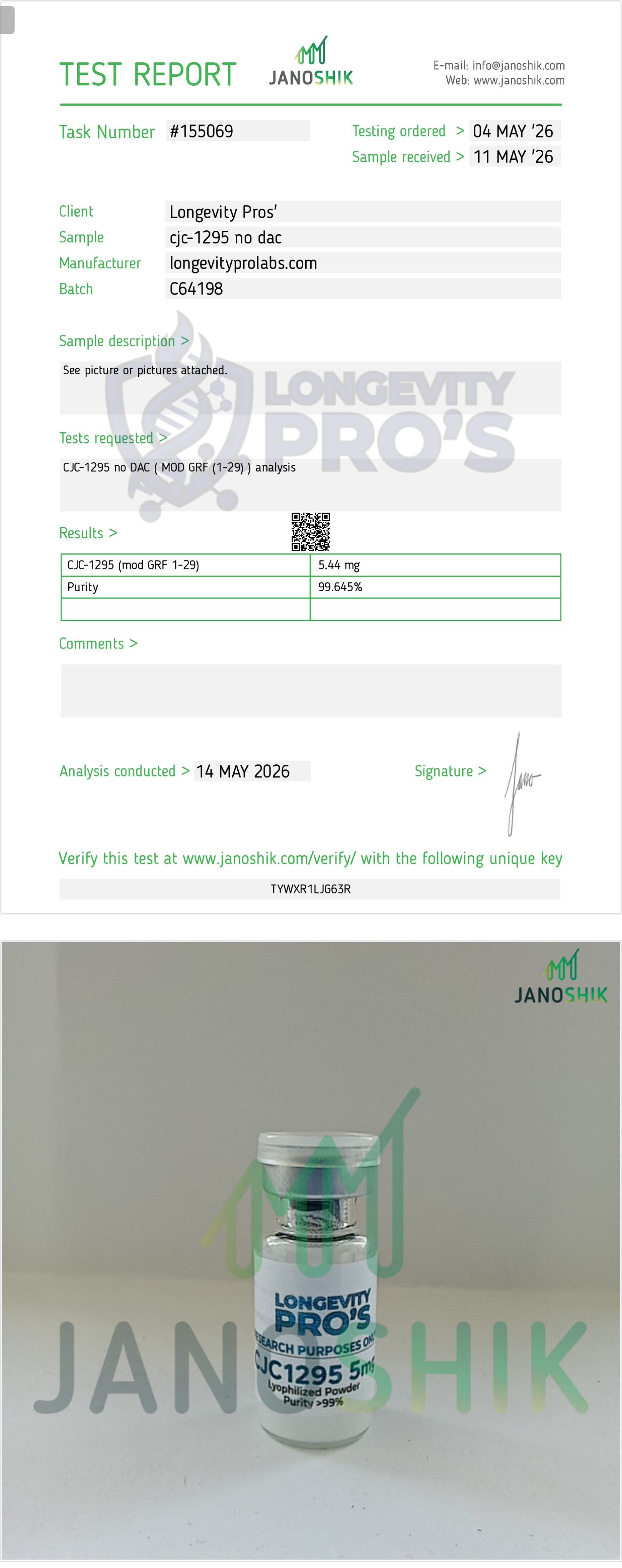 CJC-1295 · Janoshik Analytical Test Report