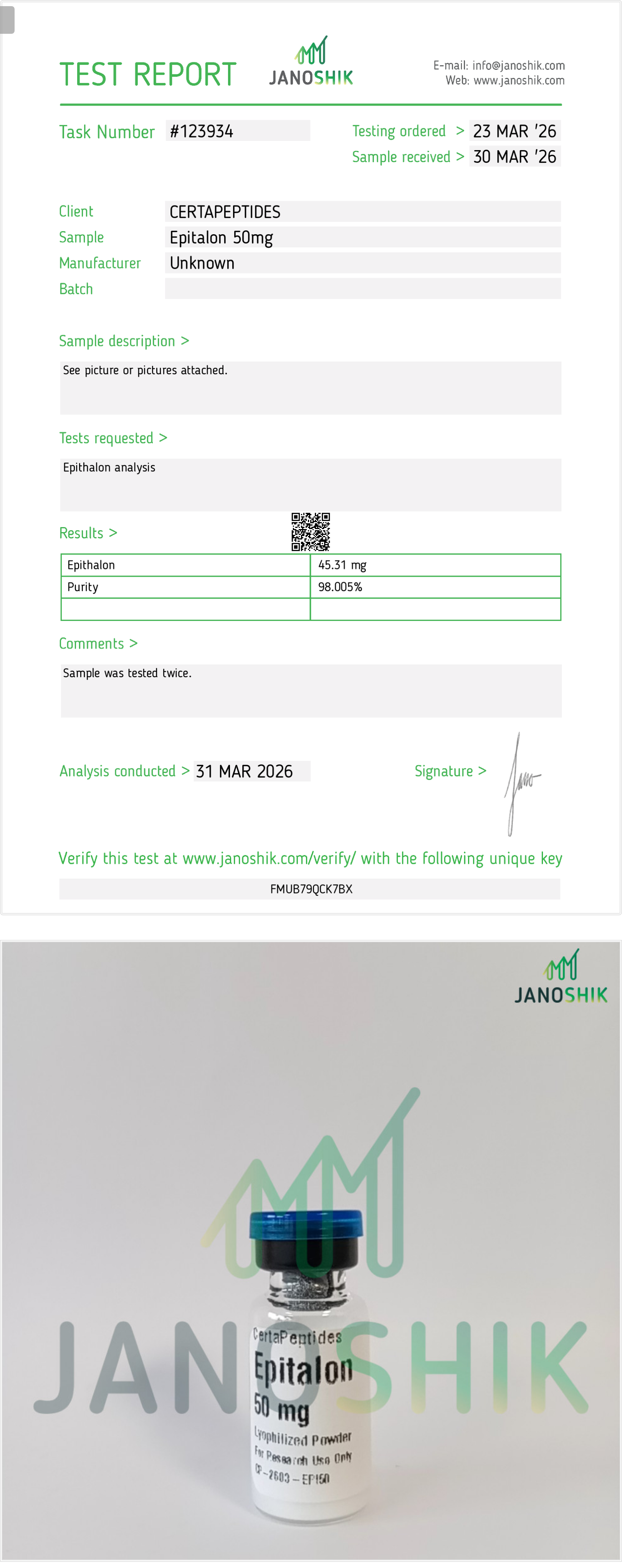 Epithalon · Janoshik Analytical Test Report