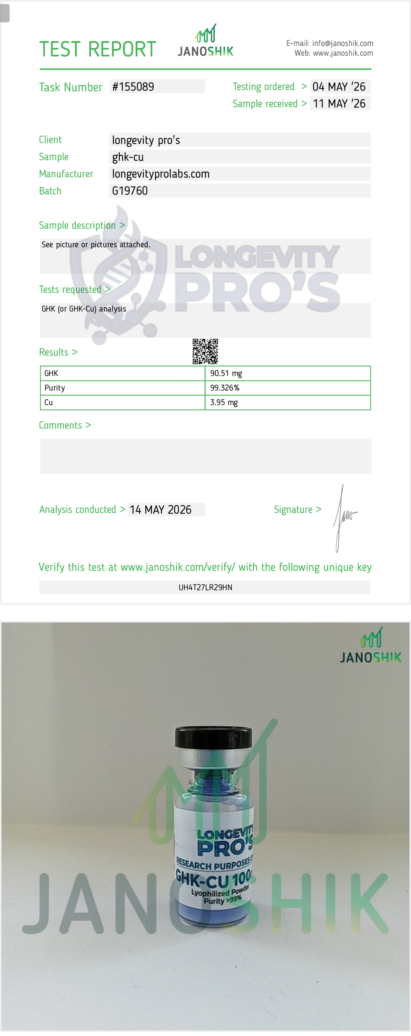 GHK-Cu · Janoshik Analytical Test Report