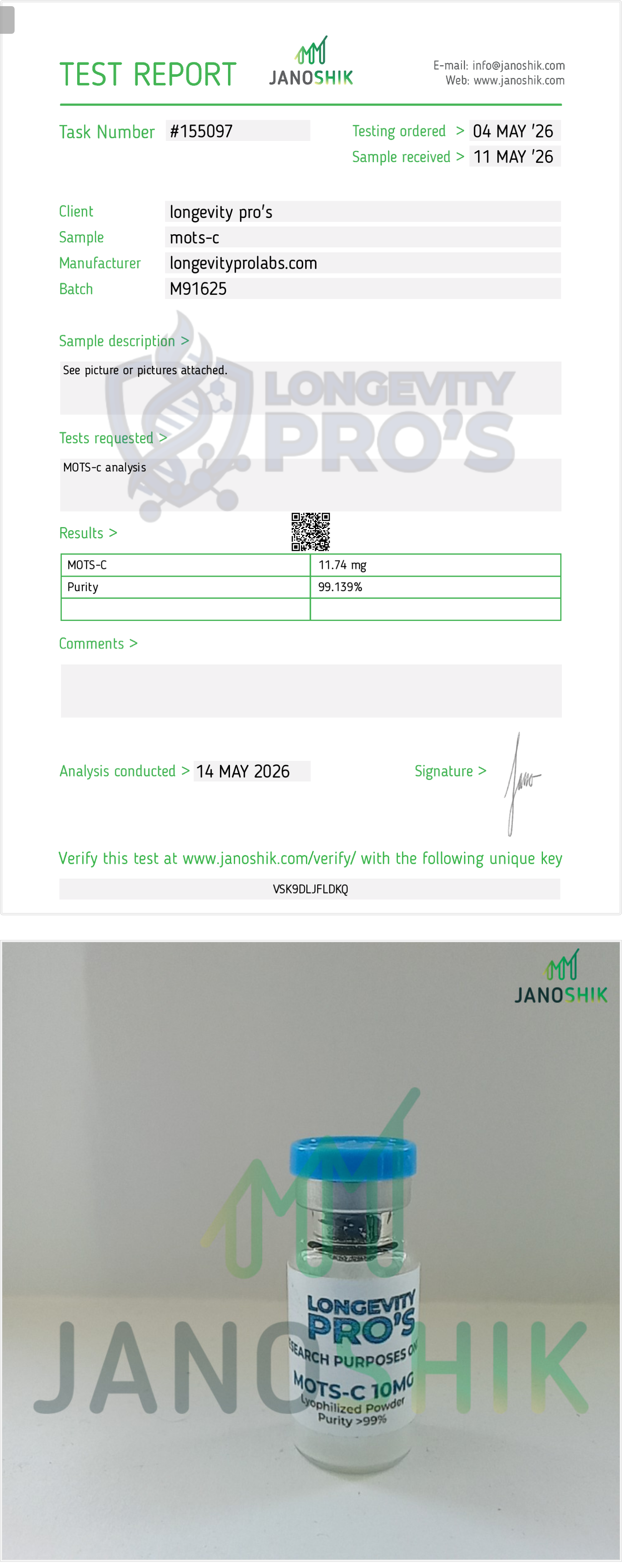 MOTS-c · Janoshik Analytical Test Report