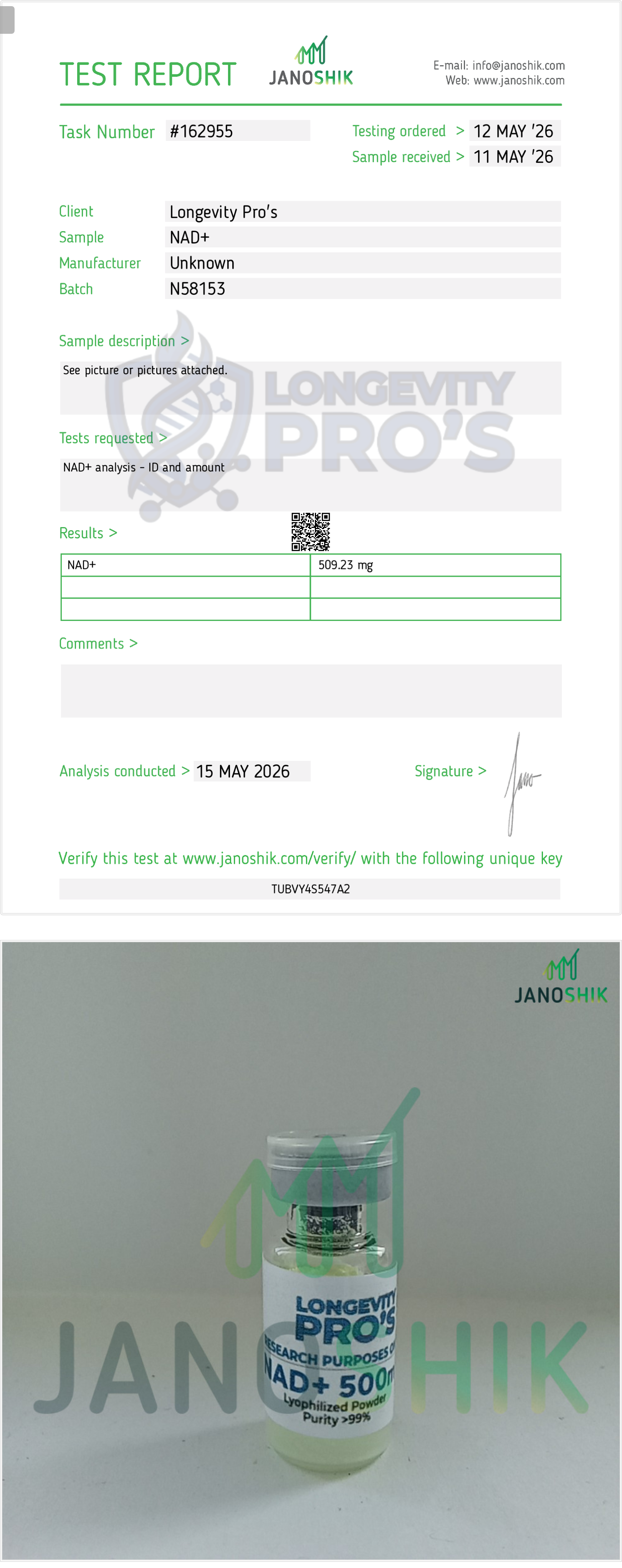 NAD⁺ · Janoshik Analytical Test Report