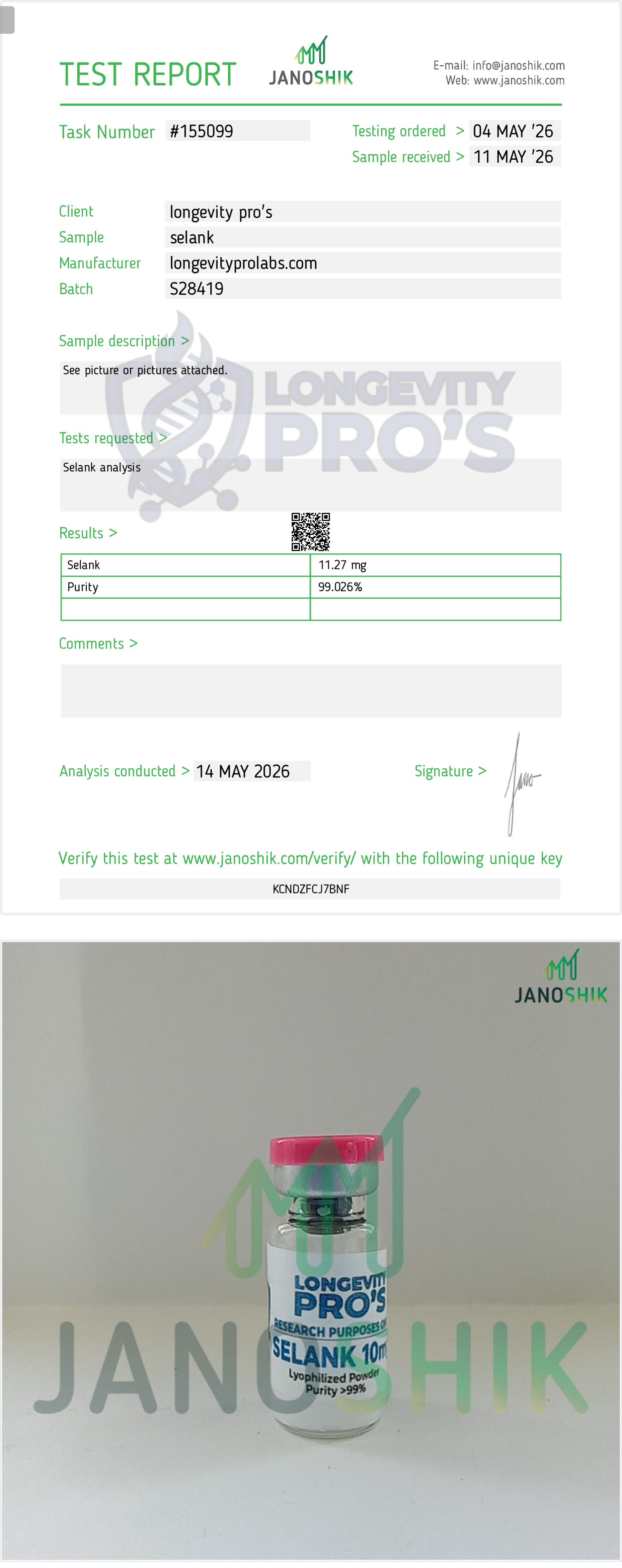 Selank · Janoshik Analytical Test Report