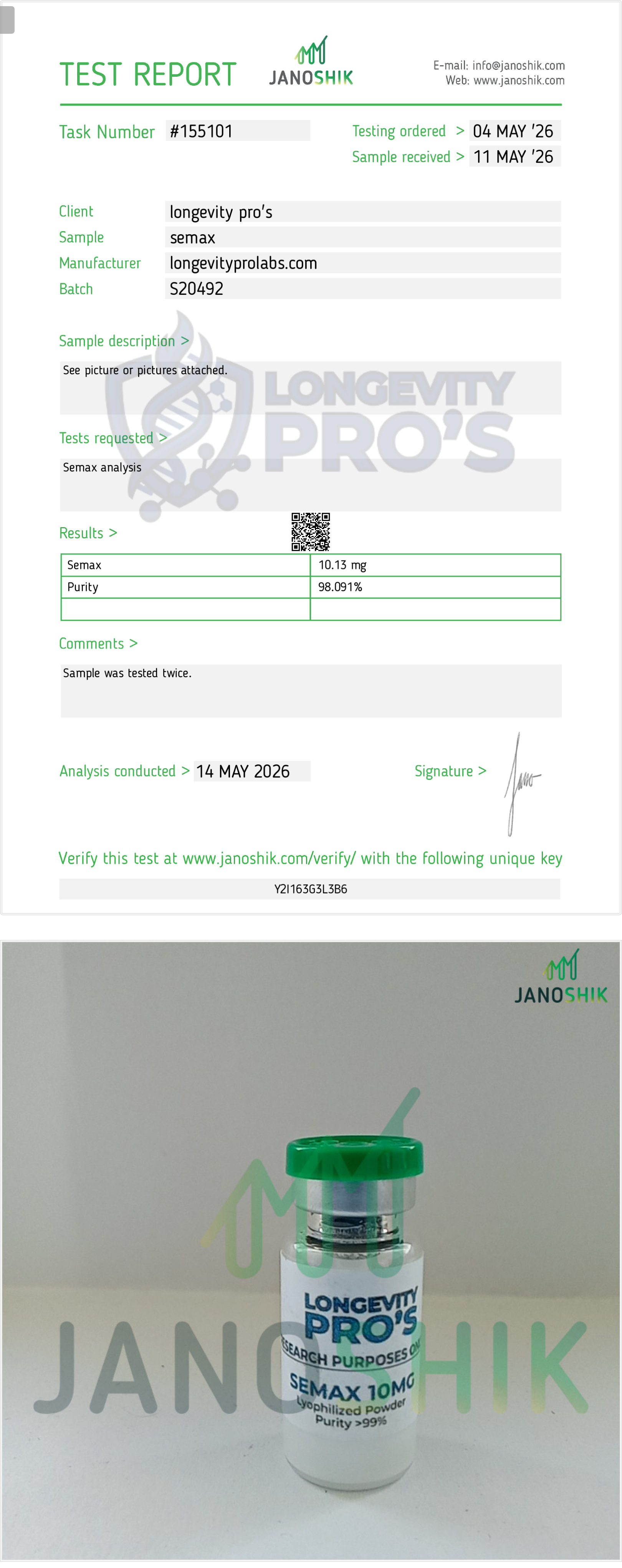 Semax · Janoshik Analytical Test Report